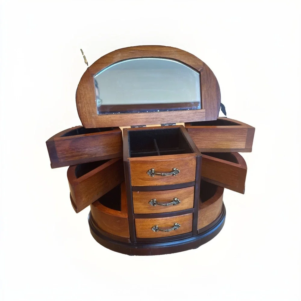 Vintage Mele & Co. Walnut‎ Wooden Jewelry Box, Rotating Swivel Drawers & Mirror